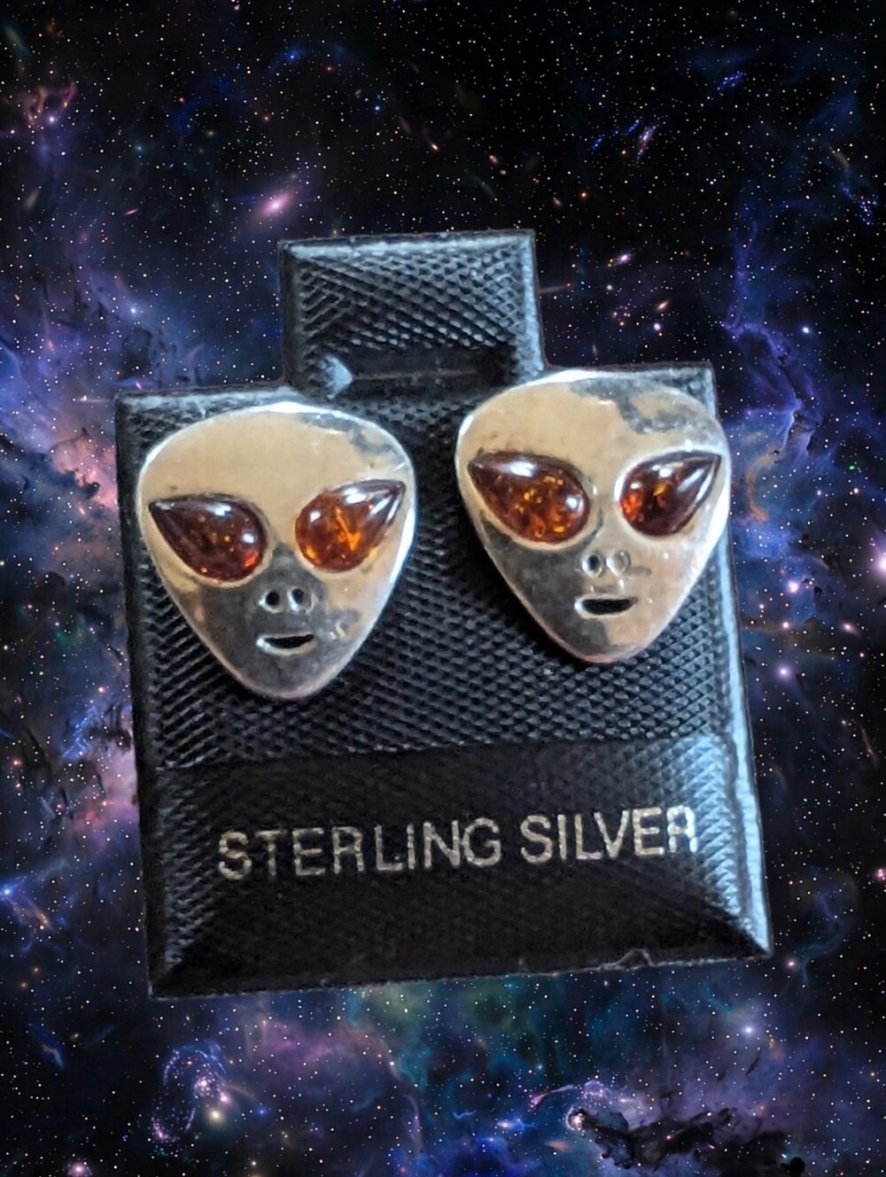 Sterling Silver Alien Stud Earrings with Amber Eyes